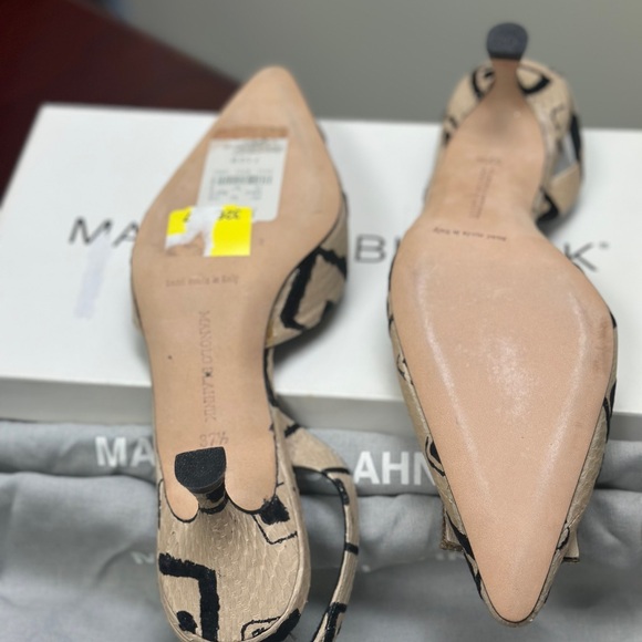 Manolo Blahnik tan and black leather and velvet jewled slingback kitten heel. - Picture 7 of 13